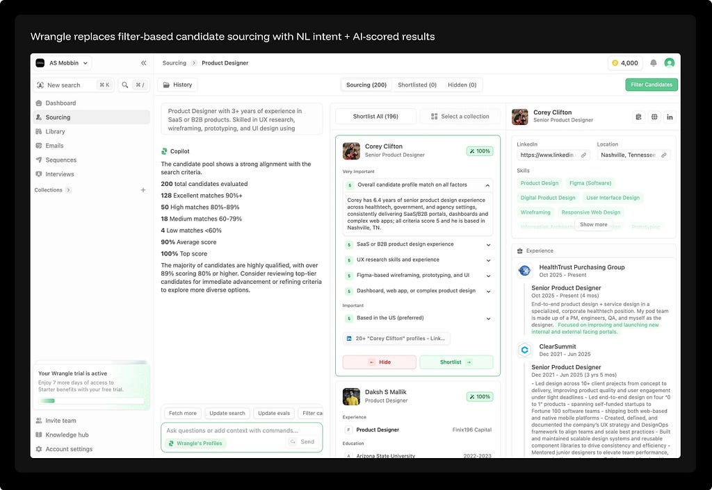 Wrangle sourcing interface showing a natural language job description input, Copilot evaluation summary of 200 candidates with match tiers, and a per-candidate score breakdown with criteria ratings.