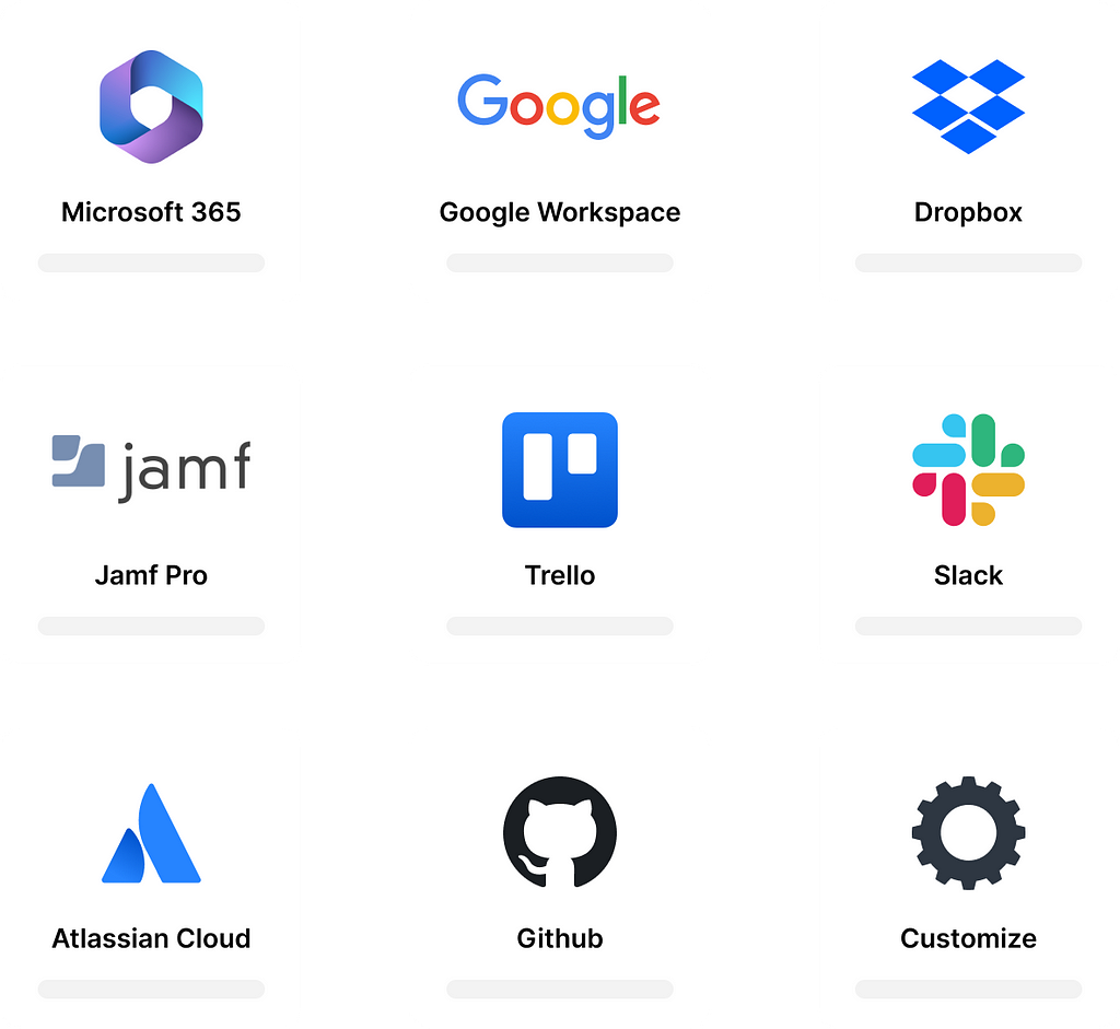 Various cloud applications are displayed, such as Slack, Google Workspace, and Dropbox.