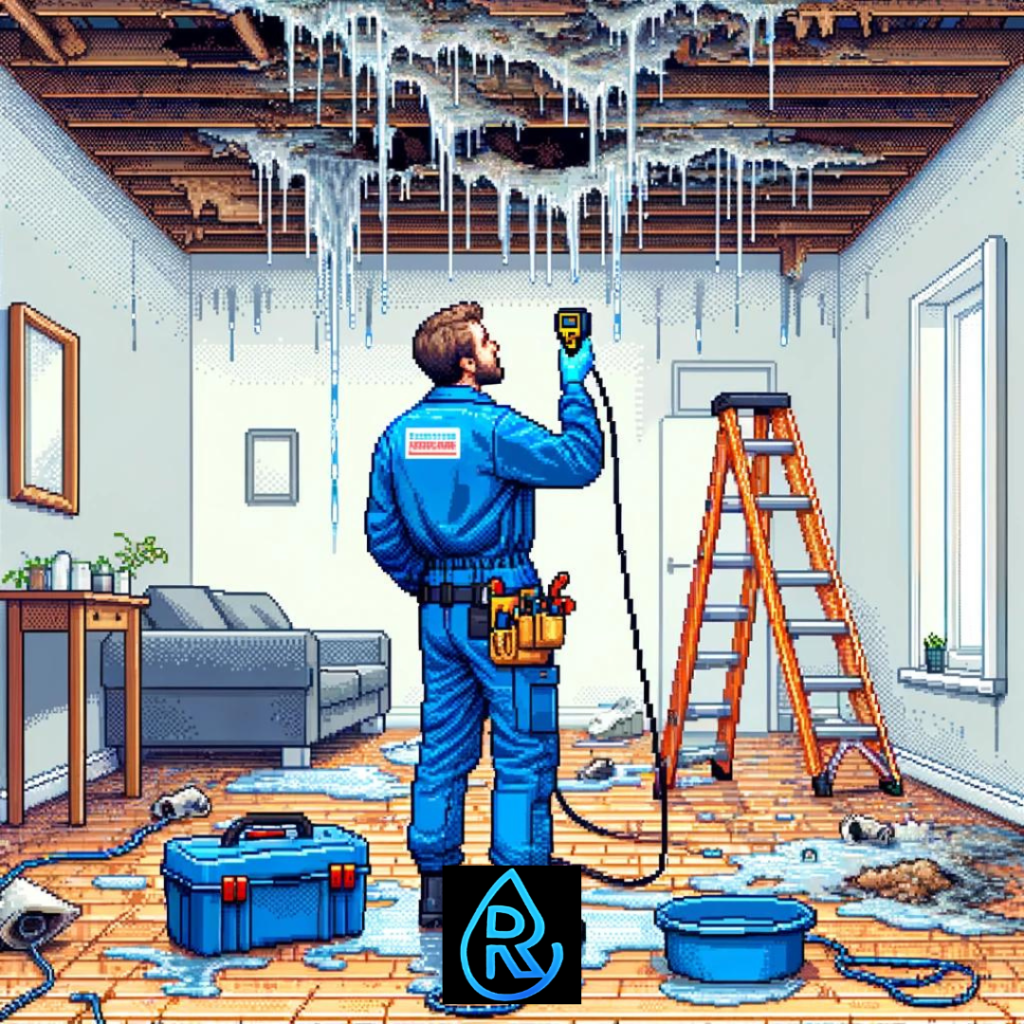 Pixel art of a water damage restoration technician in blue uniform using a moisture meter on a mold-infested, water-damaged ceiling, with a ladder nearby in a home interior setting, showcasing water damage repair and mold remediation.
