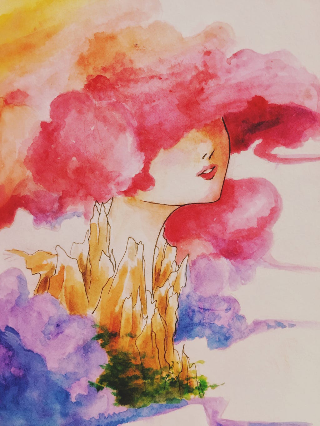A colourful drawing of a woman with her head in the clouds.