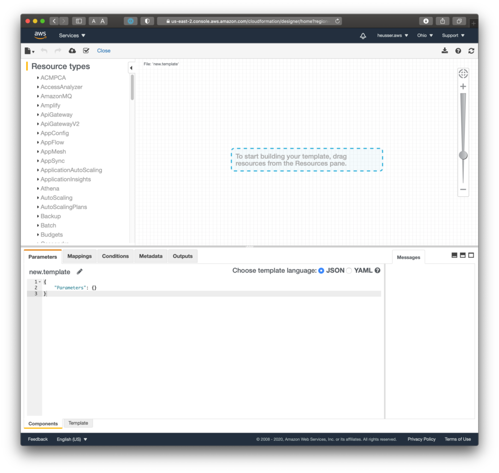 Screenshot of the CloudFormation visual designer software. It allows to drag and drop components or modify JSON/YAML format.