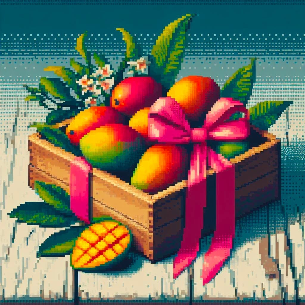 A colorful painting of a gift box of mangos, in the style of 1800s, pixel art