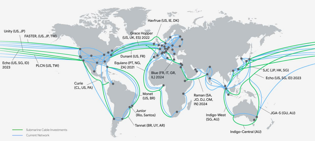 A world map of Google fiber optic cables.