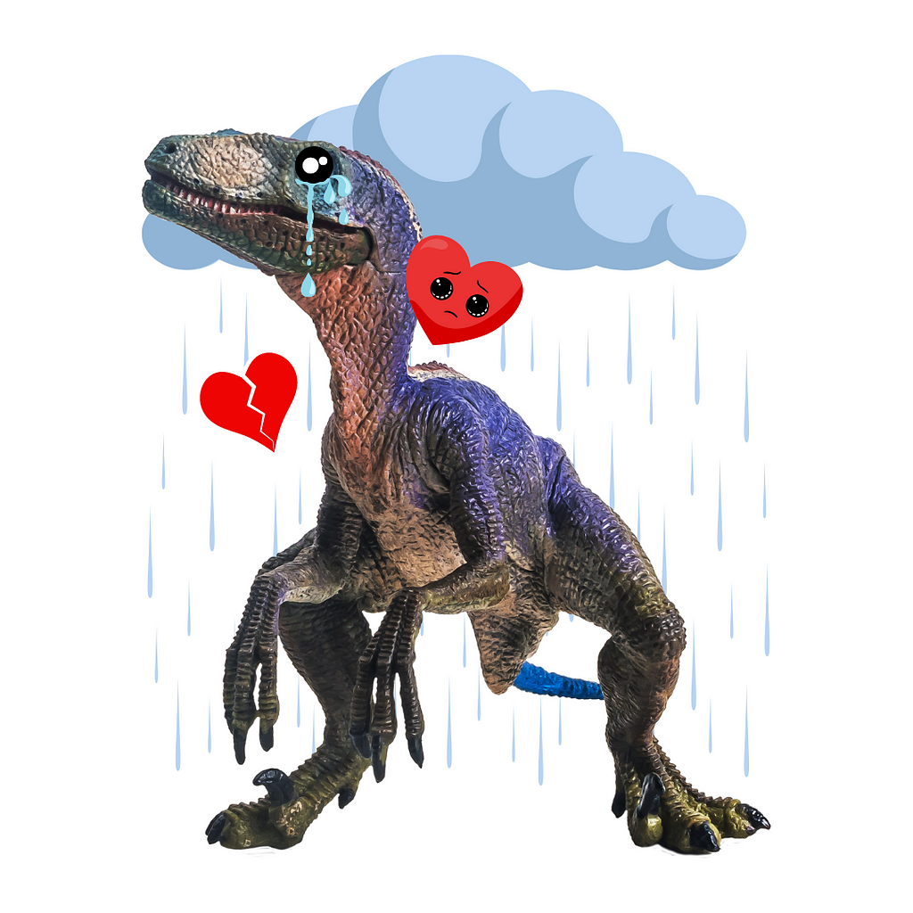 A brokenhearted Ulta Velociraptor High-Speed Mount cries alone in the rain.