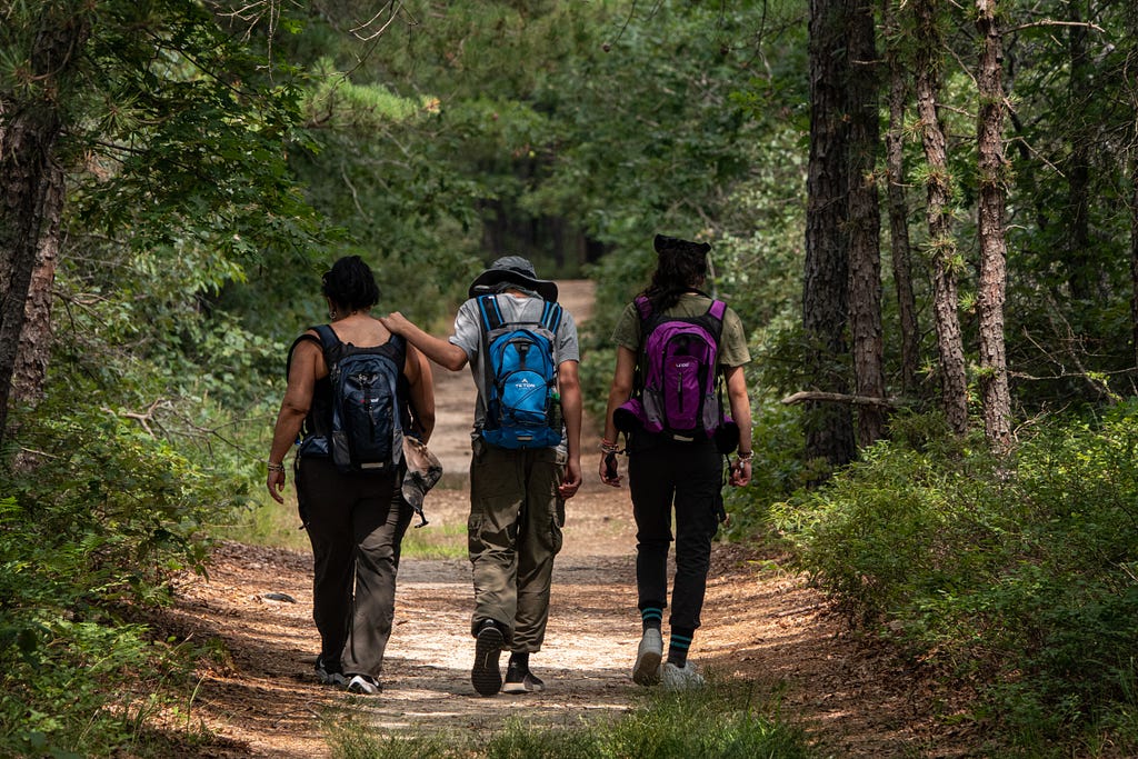 Three friends hike in the woods