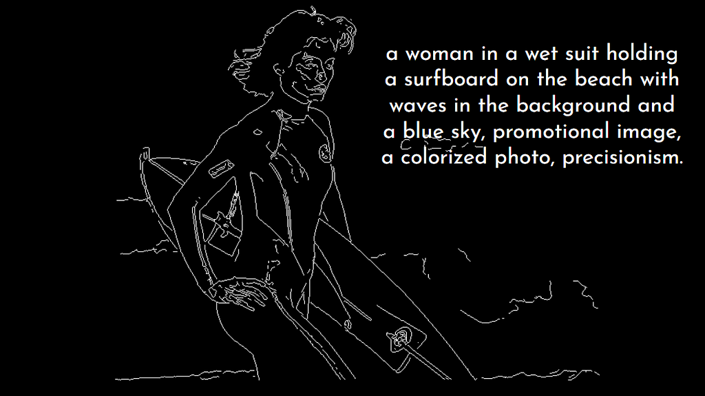 Black and white line drawing generated by the ControlNet Canny model, depicting a woman in a wetsuit holding a surfboard on the beach. A text from CLIP Interrogator, describing an image, is superimposed over the drawing and reads: “a woman in a wet suit holding a surfboard on the beach with waves in the background and a blue sky, promotional image, a colorized photo, precisionism.”