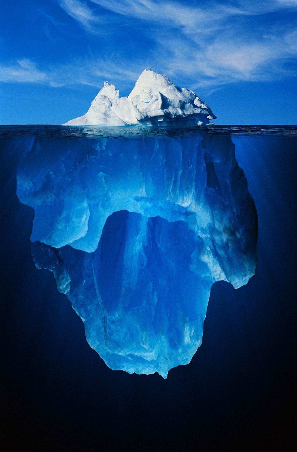 A picture of an iceberg showing its entirety, both above and below the ocean’s surface