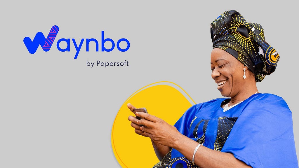 Title Image for Waynbo by Papersoft — Shared Agent Network. Depicts a Nigerian woman with a smartphone.