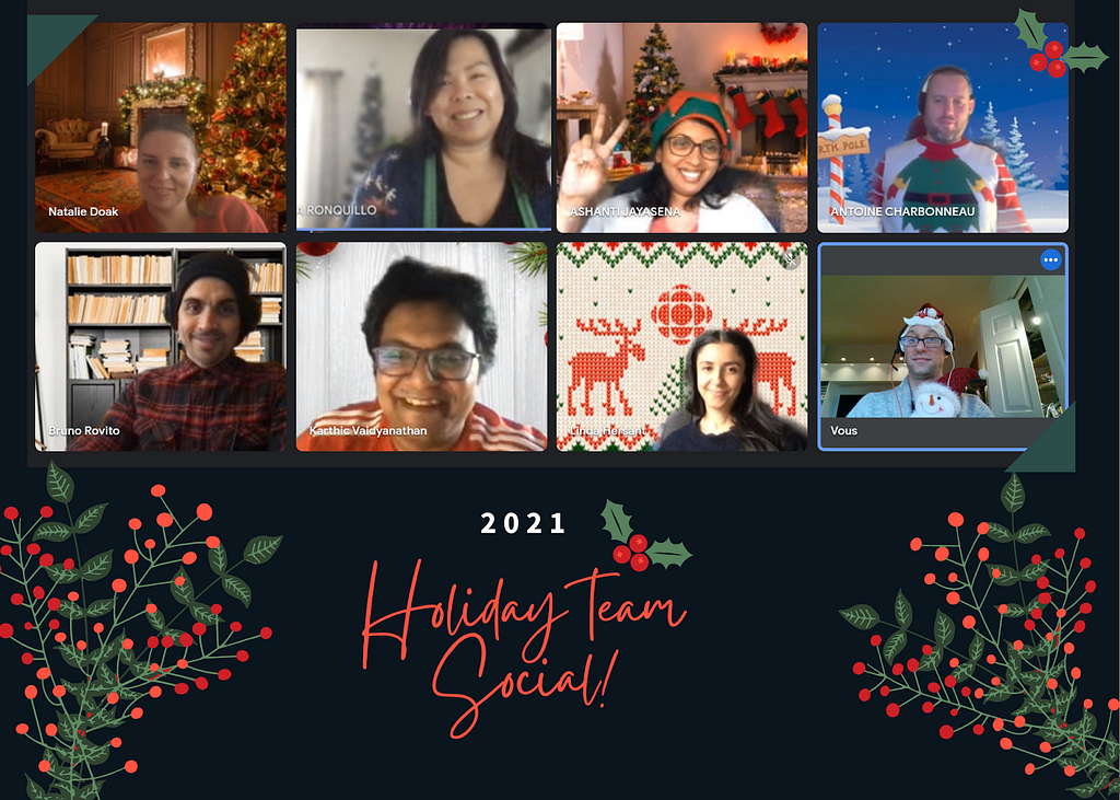 2021 Holiday Team Social card with Christmas photos of team members.