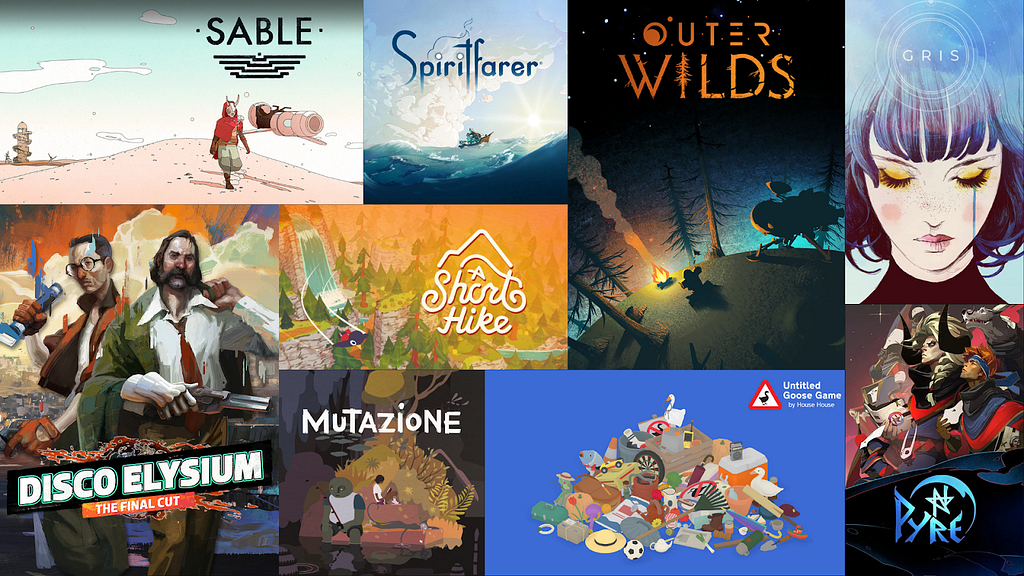 A collage of indie video game boxart, including the games Sable, Spiritfarer, Outer Wilds, Gris, Disco Elysium, A Short Hike, Mutazione, Untitled Goose Game, and Pyre.