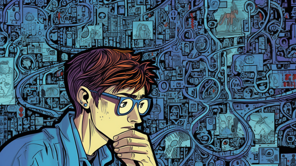 Illustrating image drawn in comic style of a person contemplating with a complex, intertwined maze of information in the background.