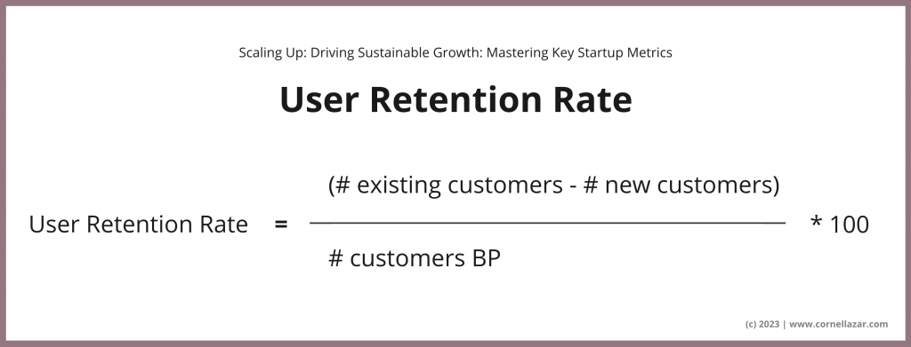 User Retention Rate = ((# existing customers - # new customers) / # customers BP) *100