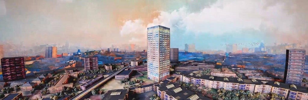 A painting of Grenfell Tower, pre 2017, by ‘artists for grenfell’.
