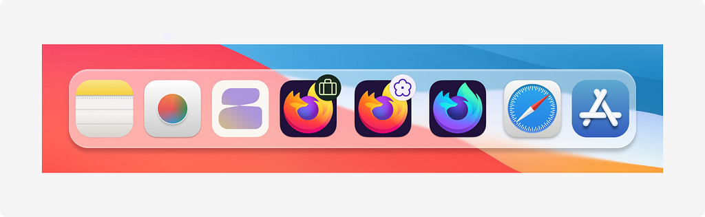 MacOS dock showing two Firefox icons, one with a green suitcase icon in the upper right corner and one with a purple flower icon amongst other standard dock icons