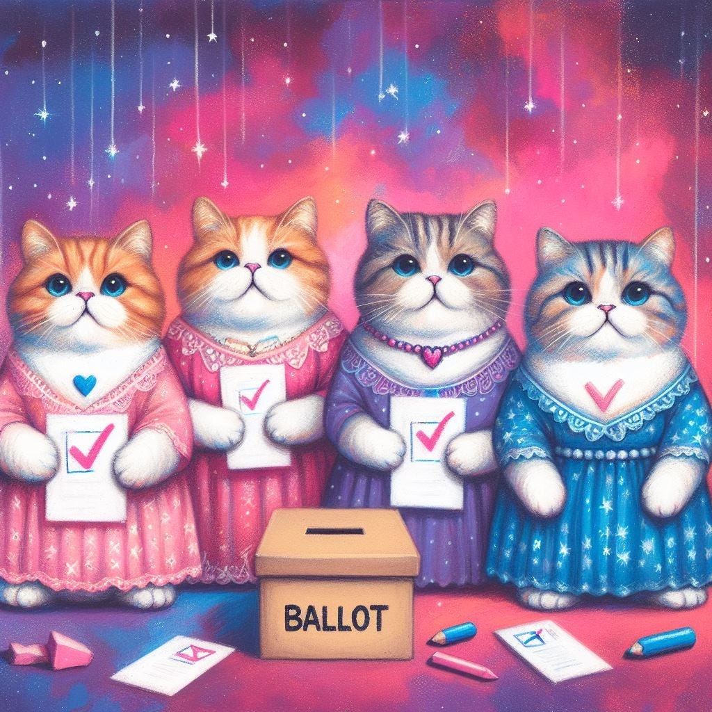 Four fat cats wearing dresses, voting. Each cat is holding a piece of paper with a checkmark and there’s a ballot box in the middle. Oil pastel digital art, galaxy vibe with a pink and blue theme