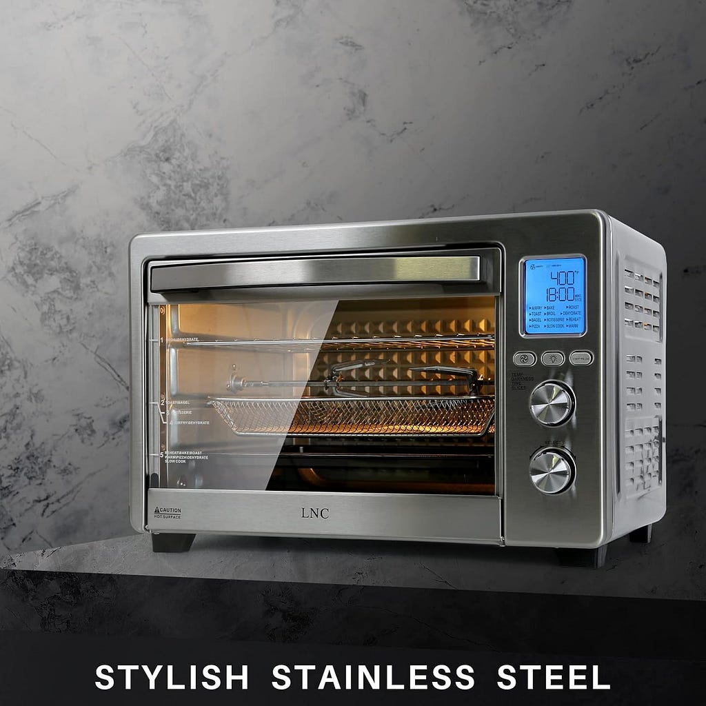 Air Fryer Oven, 34QT Extra Large 1750W Toaster Oven Air Fryer Combo, 12” Pizza Convection Oven Countertop, 12-in-1 Large Rotisserie Oven with 4 Accessories, Stainless Steel, Silver