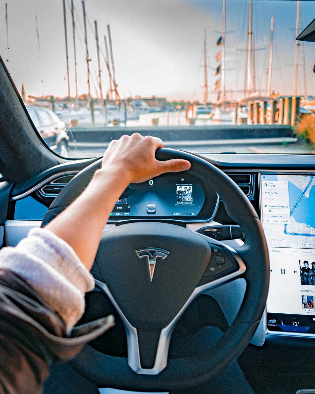 Tesla driver and Tesla in car dashboards