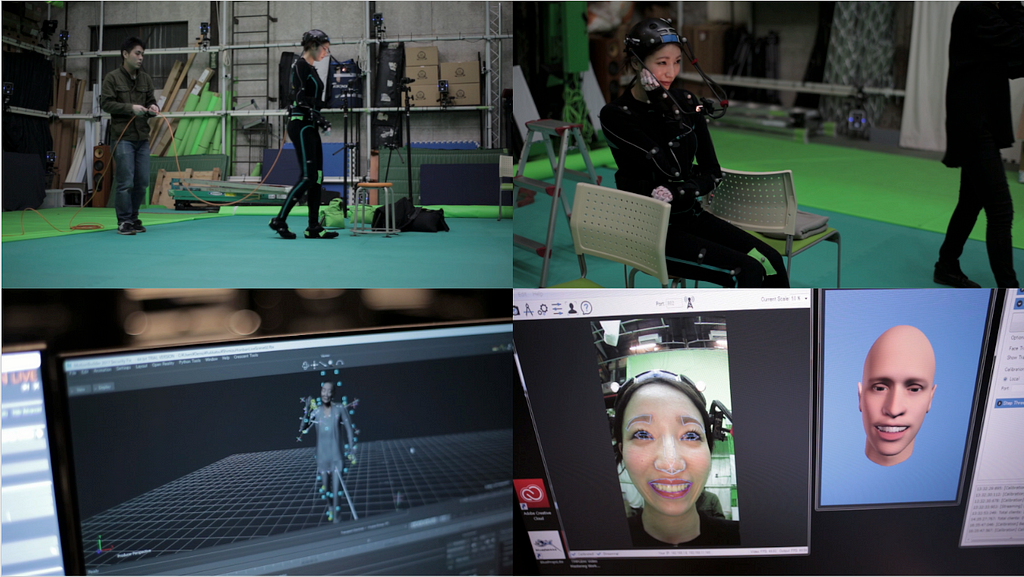 Images of actors in black with motion tracking devices on their body and the rendering process in virtual space (including facial construction)