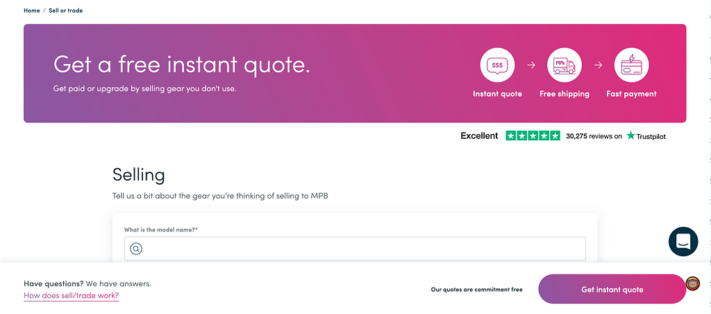 A screengrab of the MPB quote form at mpb.com/sell