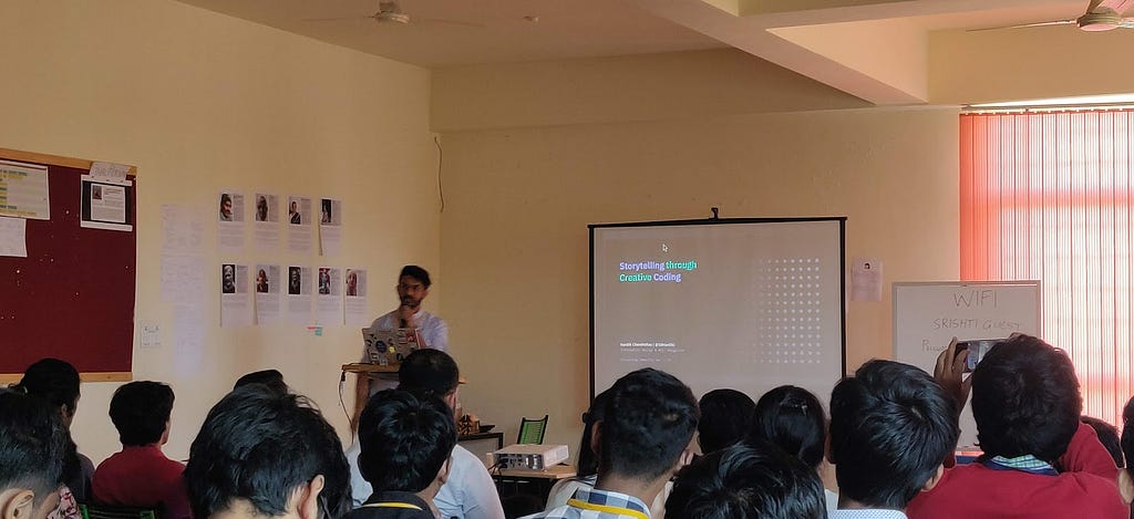Hardik Chandrahas presenting his talk “Storytelling through creative coding”