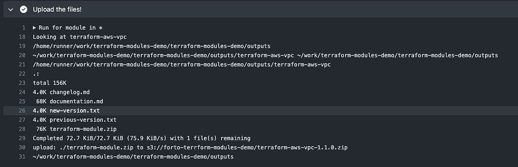 Github action job log showing the module zip being uploaded to s3