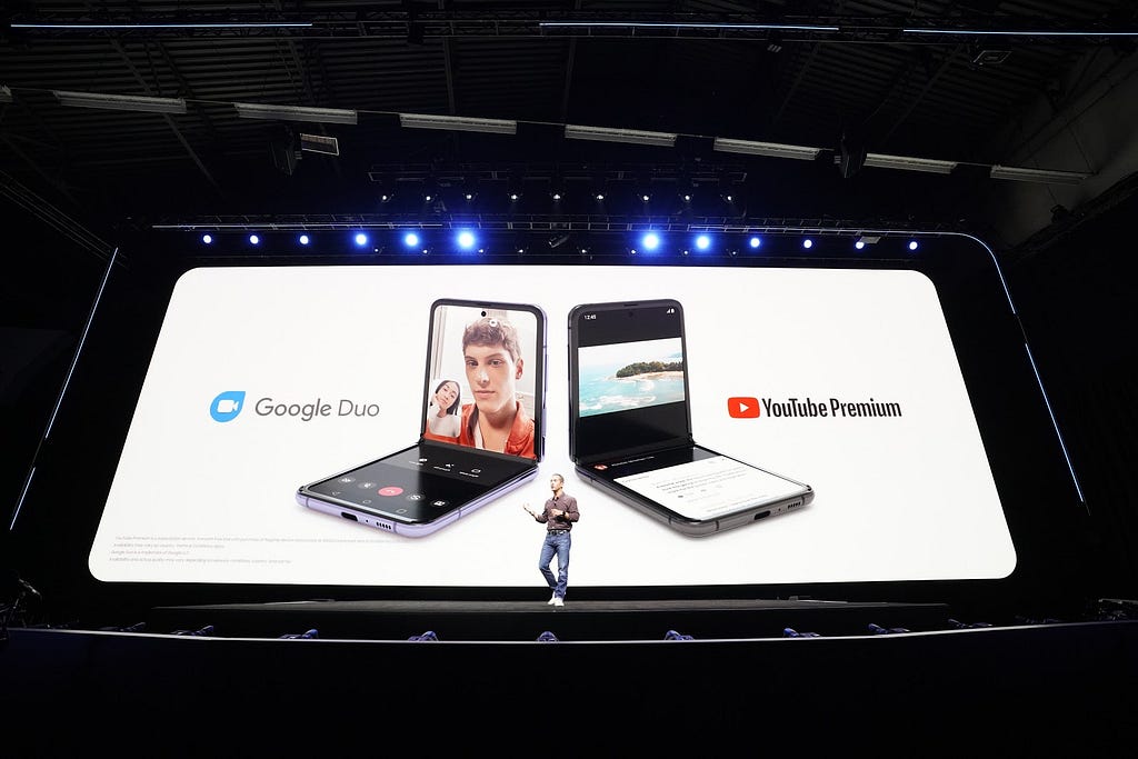 Google Duo and Youtube screenshots shown during Samsung Galaxy Unpacked 2020