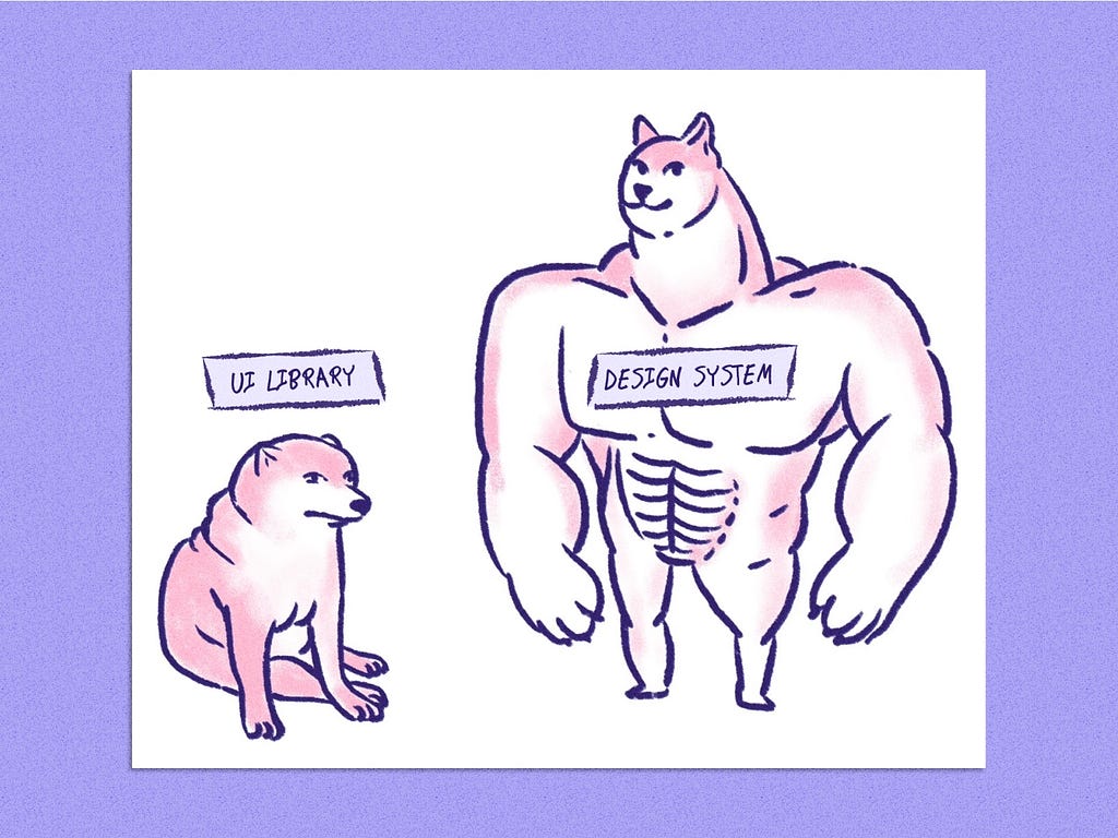 Weak dog labeled “UI library” sits next to strong dog labeled “design system”