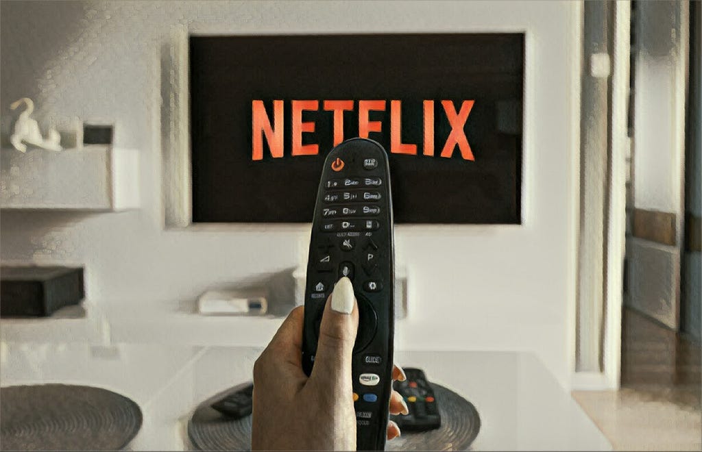 A customer pointing a remot at a screen with the Netflix logo