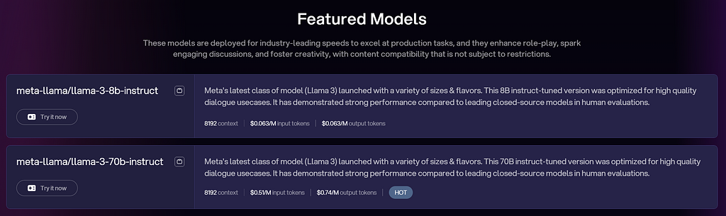 Novita AI featured models include Llama 3 8b instruct and llama 3 70b instruct