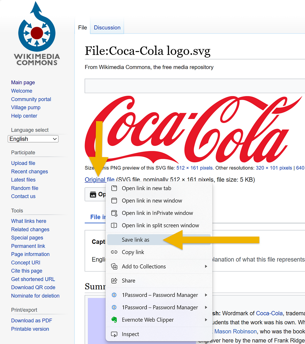 A screenshot of the Wikimedia Commons entry for the Coca Cola logo, indicating how to down the SVG file
