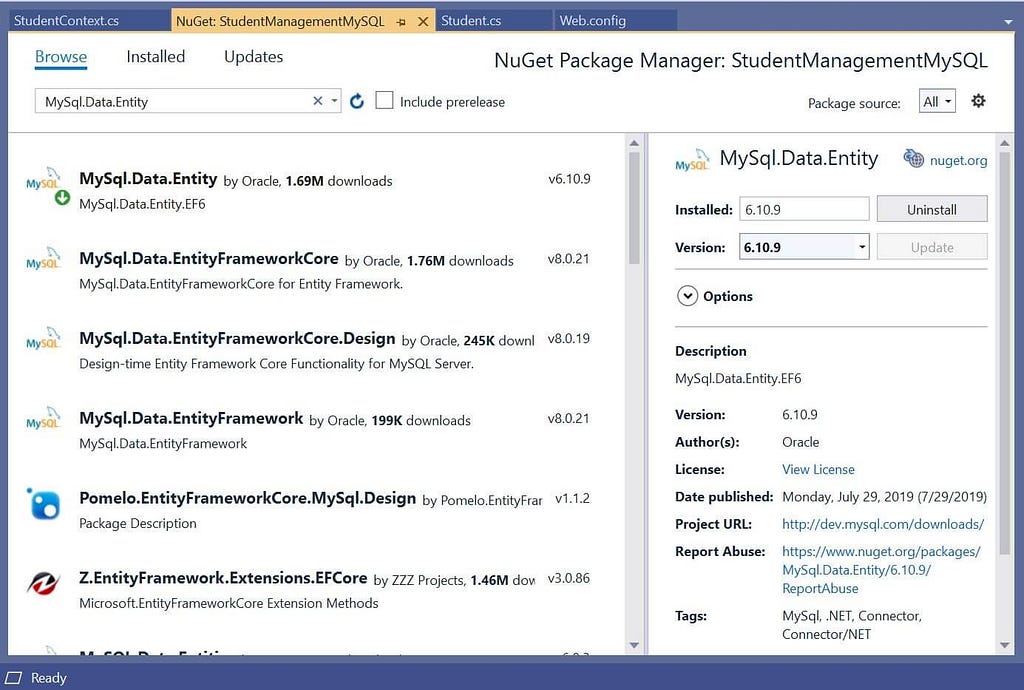 Install the NuGet package MySql.Data.Entity