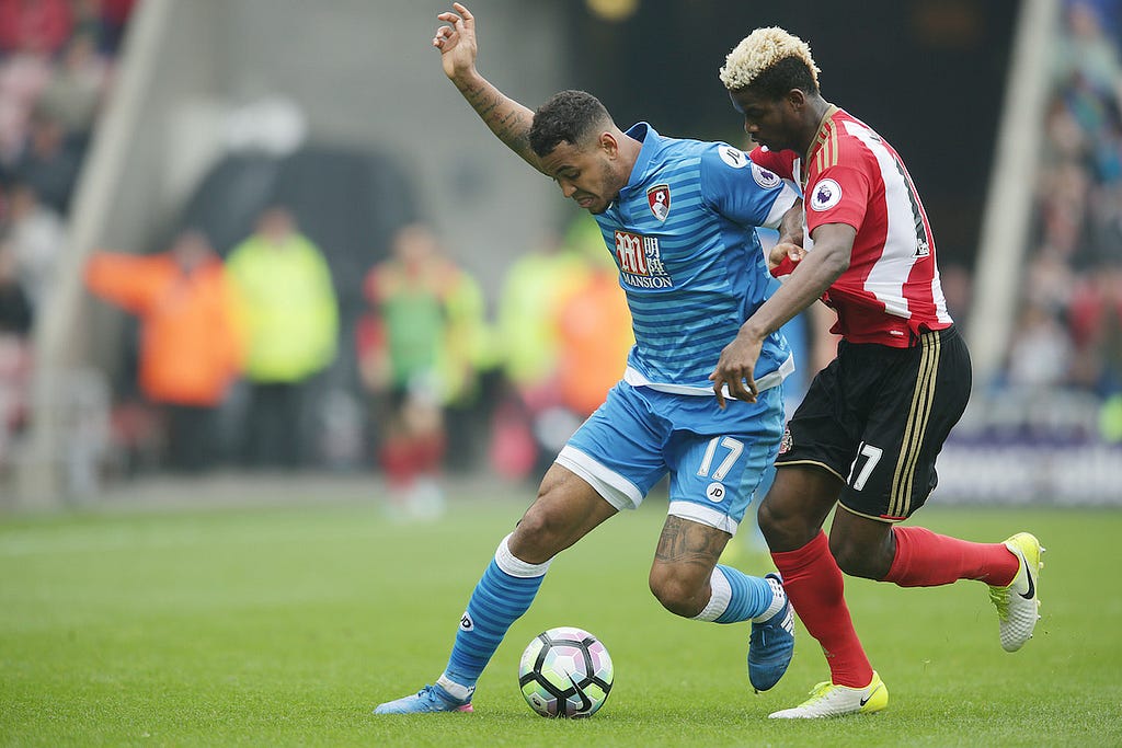 Joshua King of Bournemouth holds off Didier Ndong of Sunderland during the Premier League match between Sunderland and Bournemouth at the Stadium of Light, Sunderland on the 29th April 2017. Photo: Robin Jones