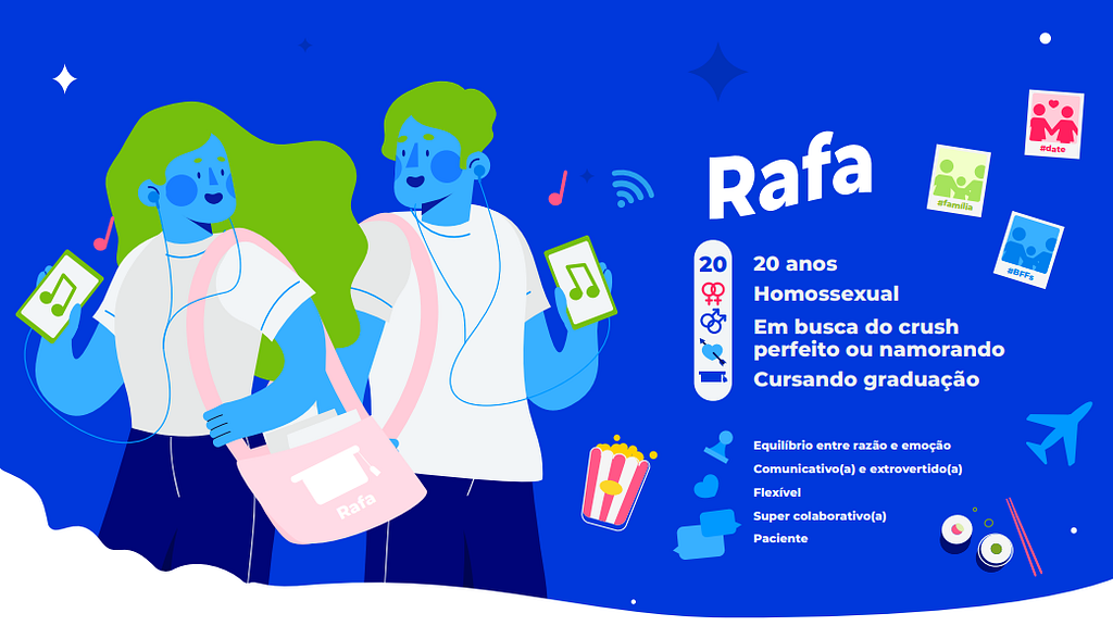 Imagem com fundo azul e ilustração de duas personas do asaas à esquerda. Trata-se de 2 bonecos azuis que estão sorrindo, vestem camisetas brancos e seguram um celular com fone de ouvido conectado aos ouvidos. À direita, está escrito: Rafa, 20 anos, homossexual, Em busca do crush perfeito ou namorando, Cursando graduação.
 Equilíbrio entre razão e emoção, Comunicativo(a) e extrovertido(a), Flexível, Super colaborativo(a) e Paciente.