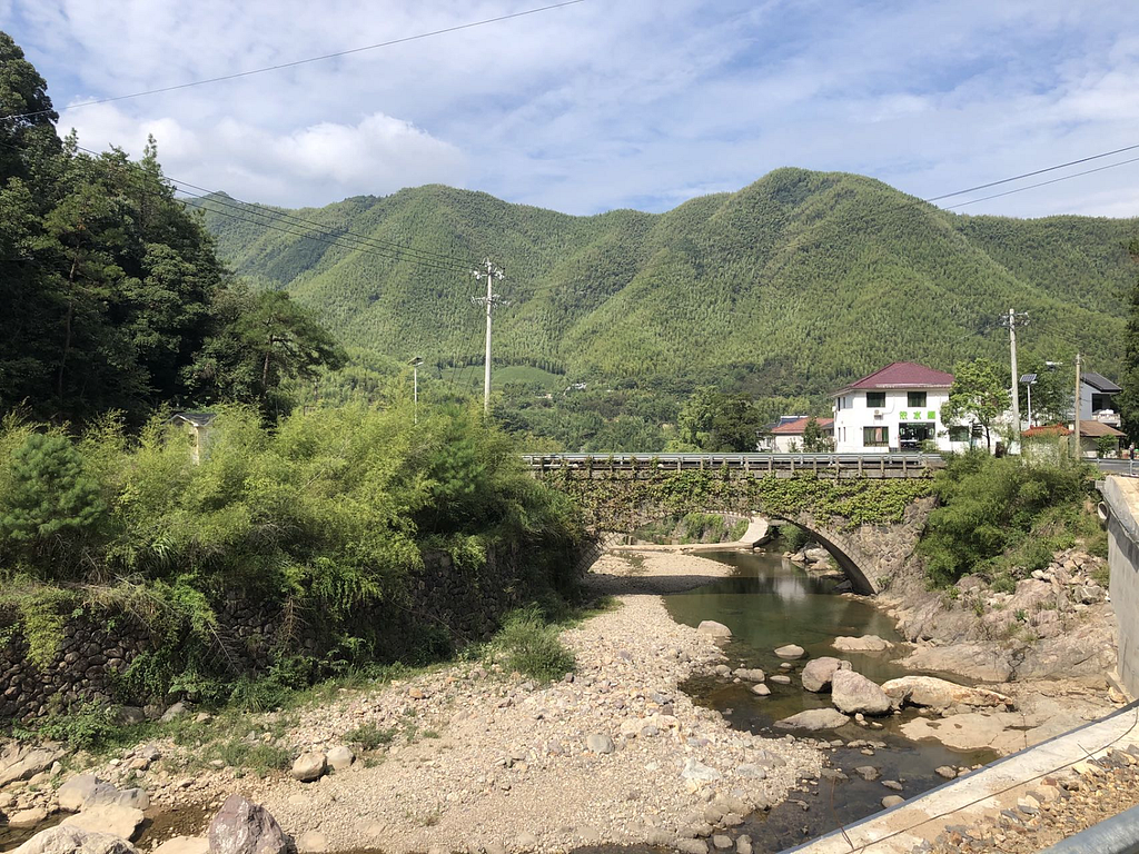 Brook, village, and mountains.