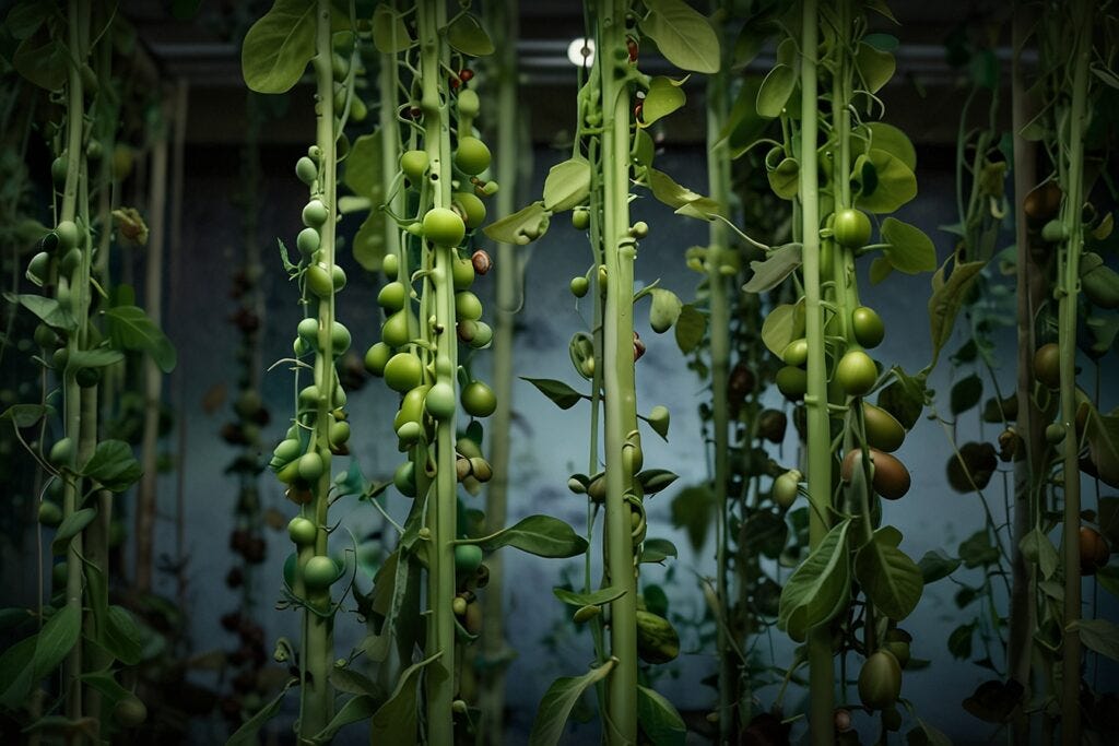 Green peas growing on vines in a dark, indoor hydroponic garden setting.