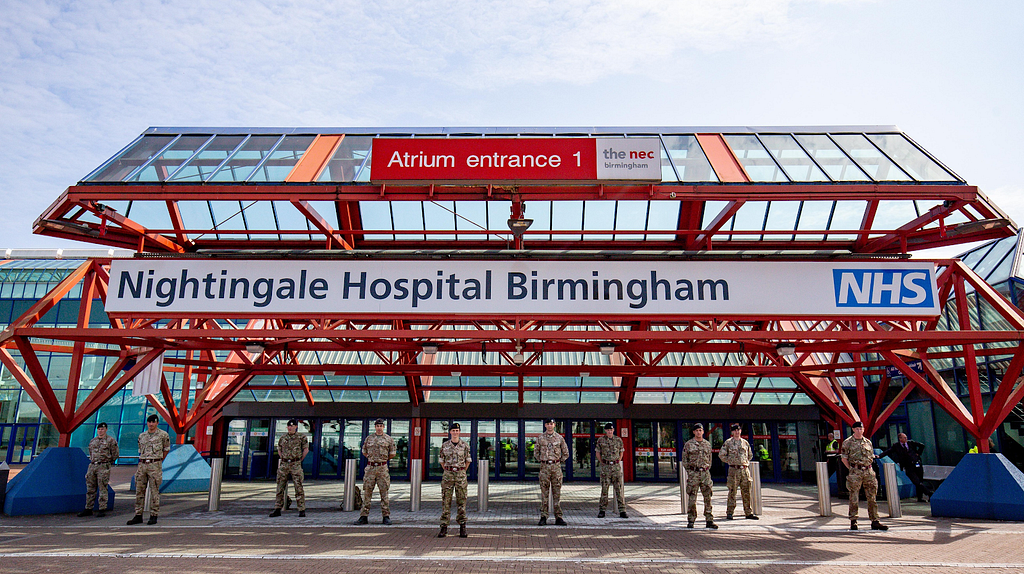A team of veterans stands guard outside Nightingale Hospital in Birmingham. Photo credit: Jacob King/PA