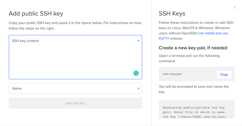 DigitalOcean — Add public SSH key