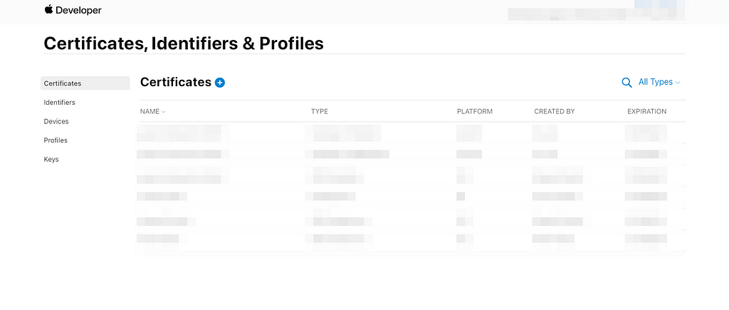 A view of the Apple Developer Portal Certificates page