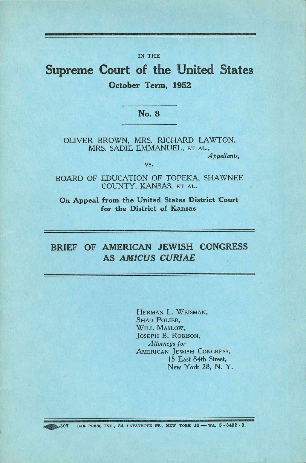 Brief of American Jewish Congress as Amicus Curiae in the Brown vs. Board of Education case, 1952.