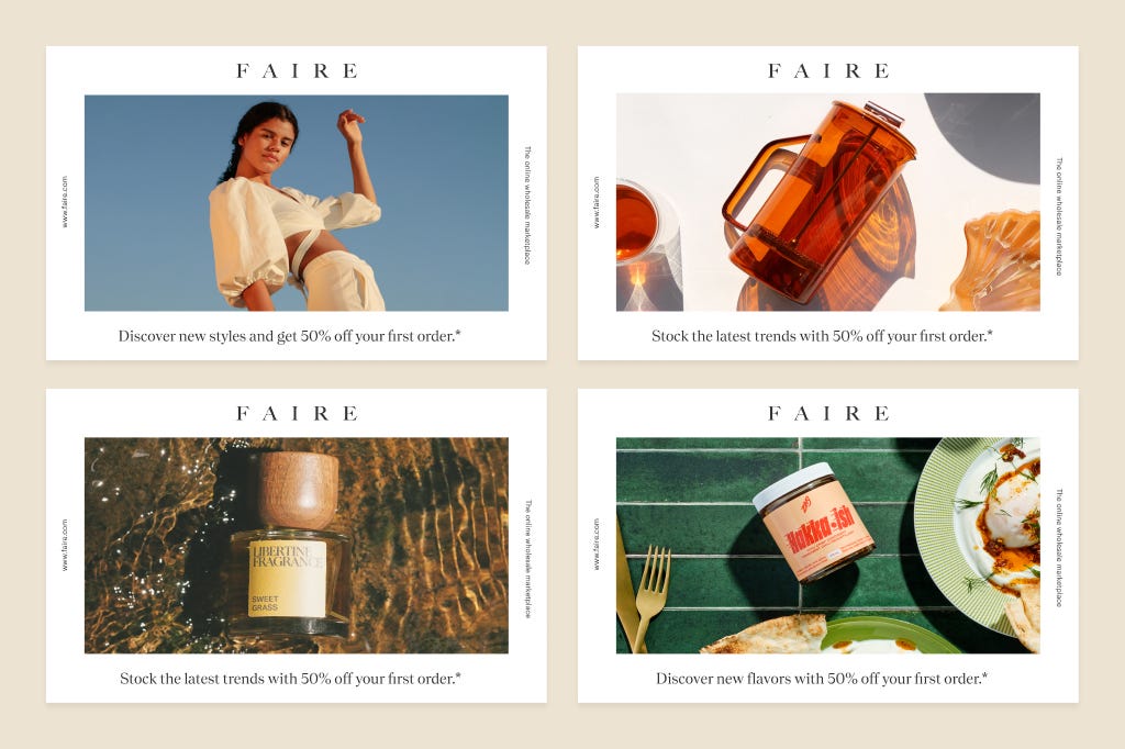 Four direct mail designs — for apparel, home goods, fragrance, and food and drink.