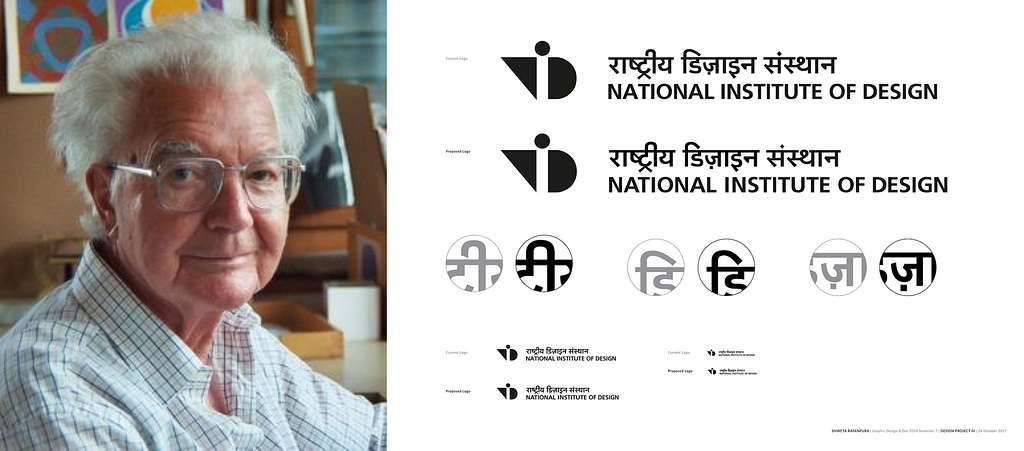 On left side, Adrian fruteger german font type designer, on the right logo design of National Institute of Design India