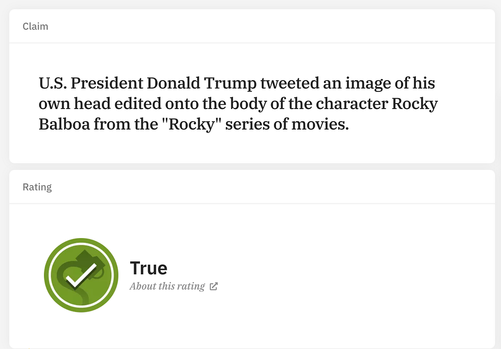 Screenshot of Snopes article on U.S. President Donald Trump’s tweet of his own head on Rocky’s body. It’s true.
