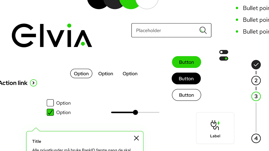 Viser en mengde ulike komponenter som knapper, faner, søkefelst, checkbox med flere, hentet fra Elvia sitt designsystem.