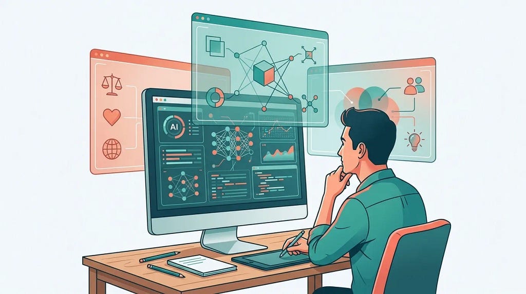 Illustration of a designer sitting at a desk, hand on chin in thought, looking at a monitor displaying an AI interface with charts and network diagrams. Three translucent framework panels float around the screen — one coral with icons of scales, a heart, and a globe; one teal with geometric shapes and connections; one with people icons and a lightbulb. The frameworks overlay the work as thinking tools rather than blocking it.
