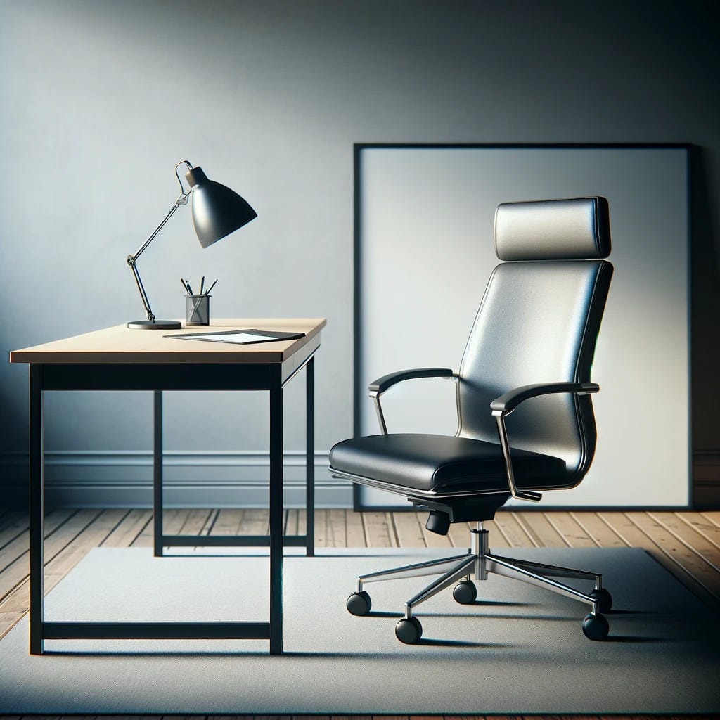 A single vacant office chair with a desk.