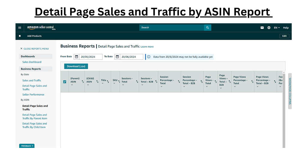 Screenshot of Amazon Detail Page Sales and Traffic by ASIN report