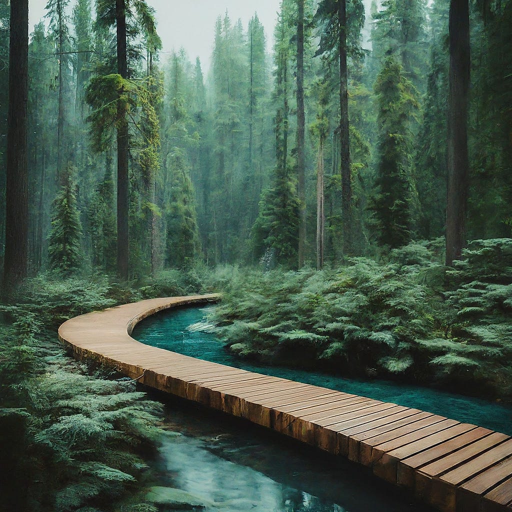 Wooden pathway in a lush forest, symbolizing the sustainability career journey