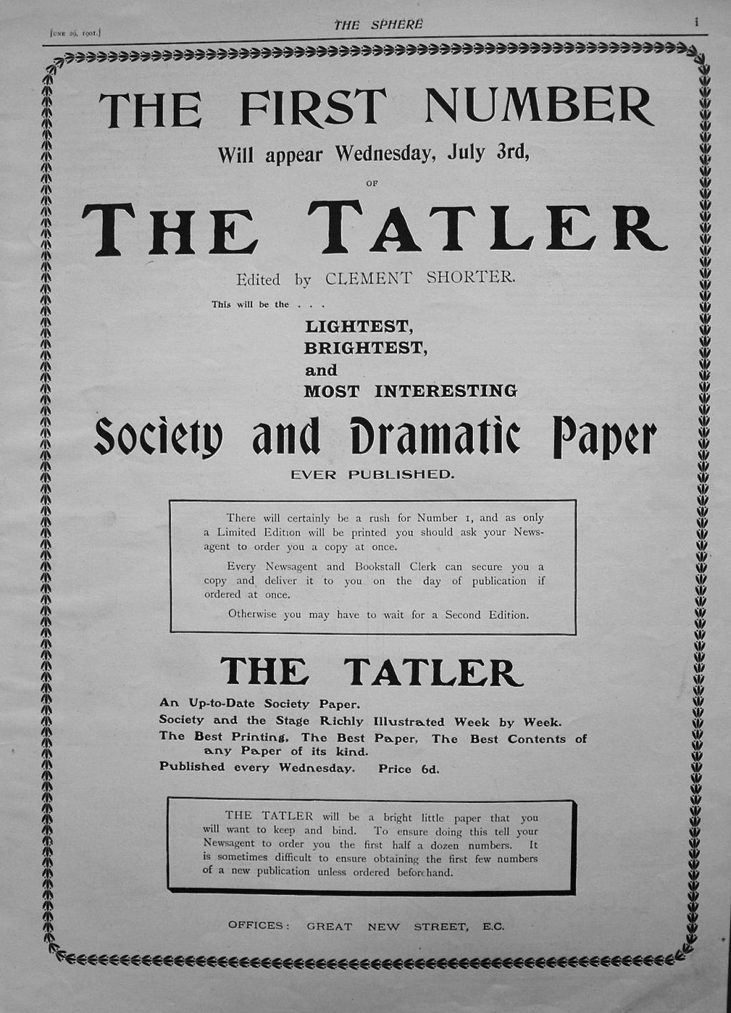 Prior to the WWI era of UK history, The Tatler magazine focused on society and drama