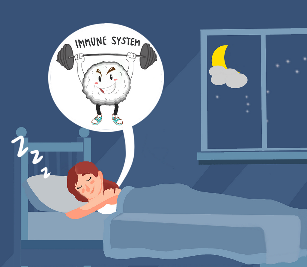 Cartoon of a woman sleeping, dreaming about a strong immune system