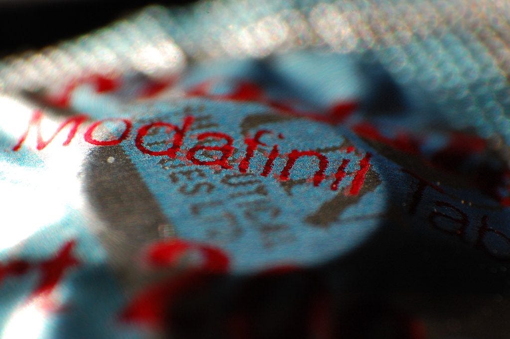 A single modafinil tablet in a blister pack. Photo by Geoff Greer.